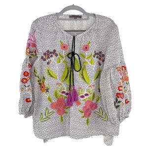 Sharon Young Top Jacket Open Linen Embroidered Hummingbird Bird Floral